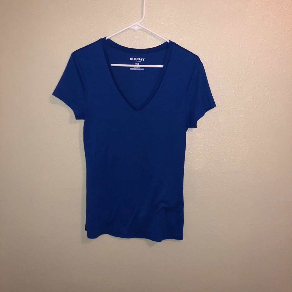 blue v-neck shirt